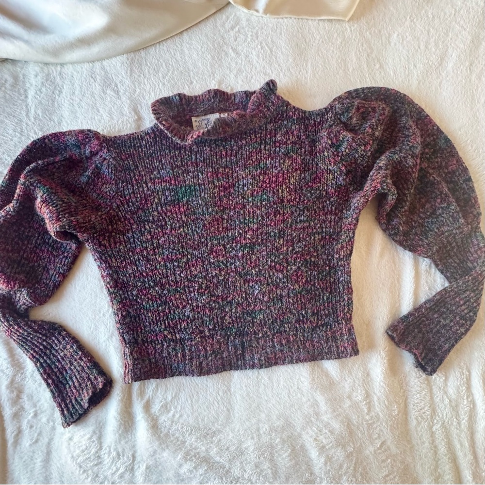 Vintage 80s Marled Knit Cropped Leg Mutton Balloon Purple Pink Sleeve Sweater 🔥 - Picture 8 of 10